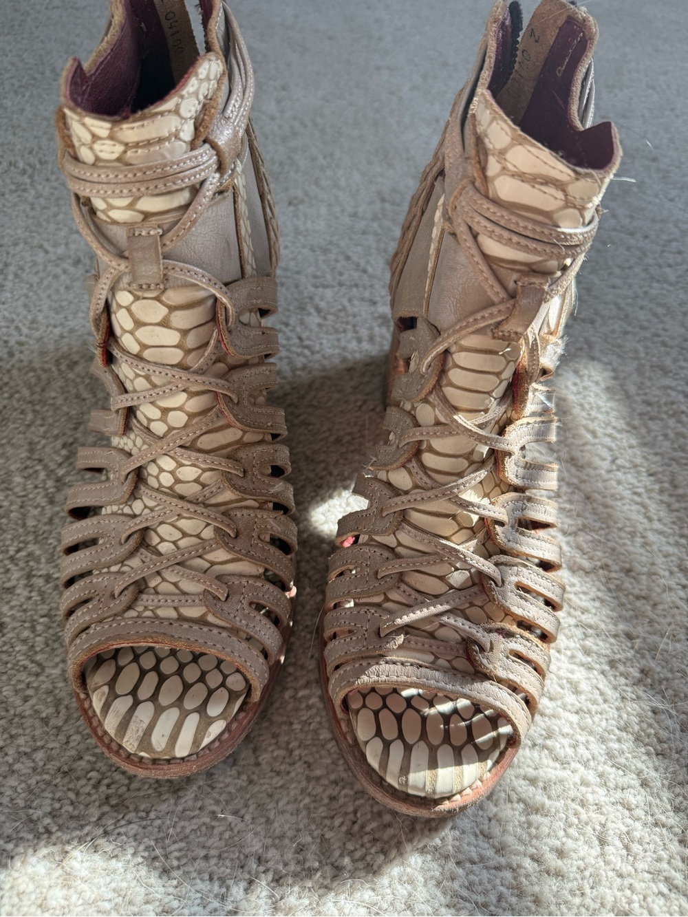 Freebird by Steven Taupe Strappy Peep-Toe Heeled Boots
